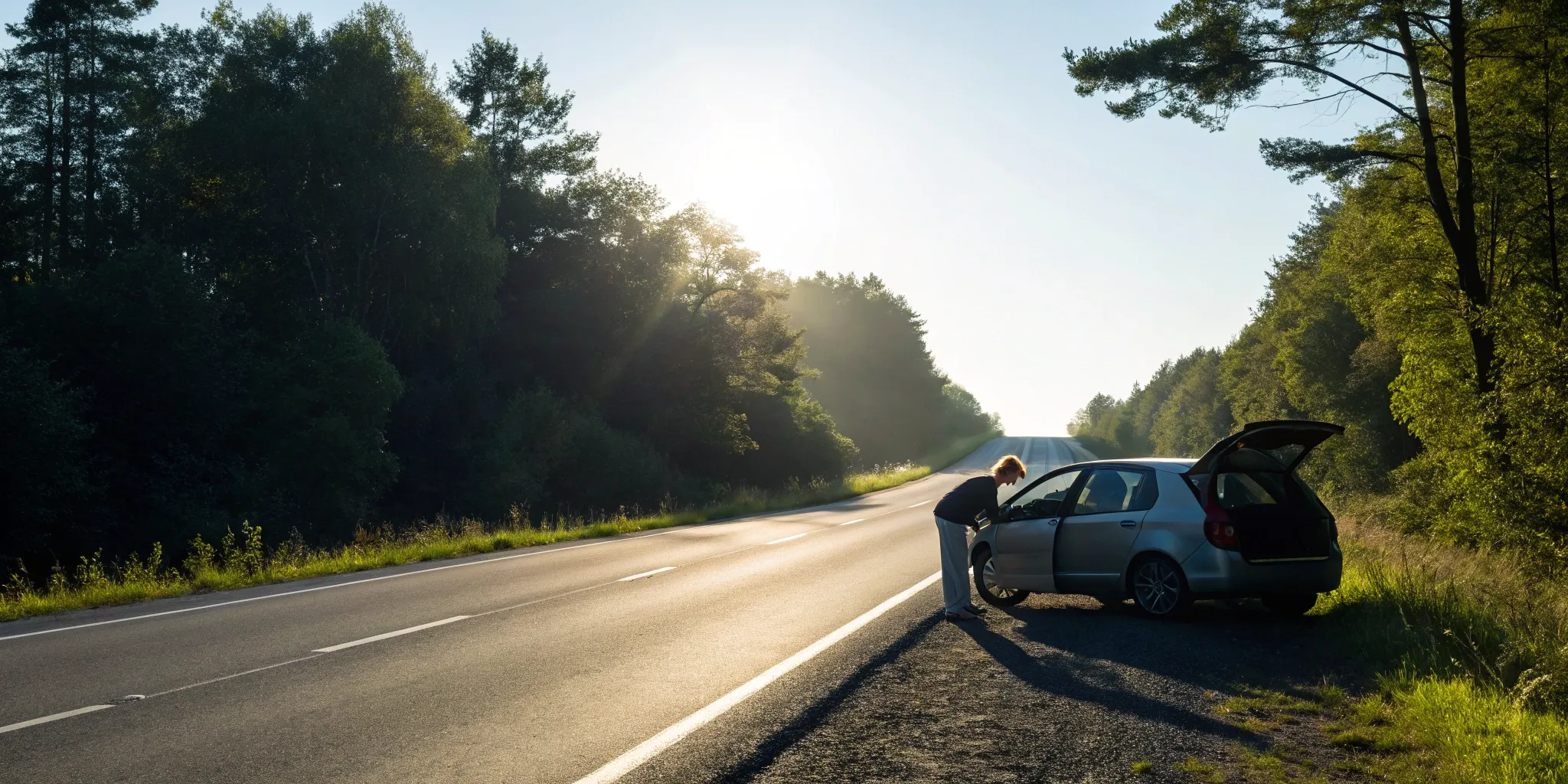 Car accident: Driver checks vehicle damage.