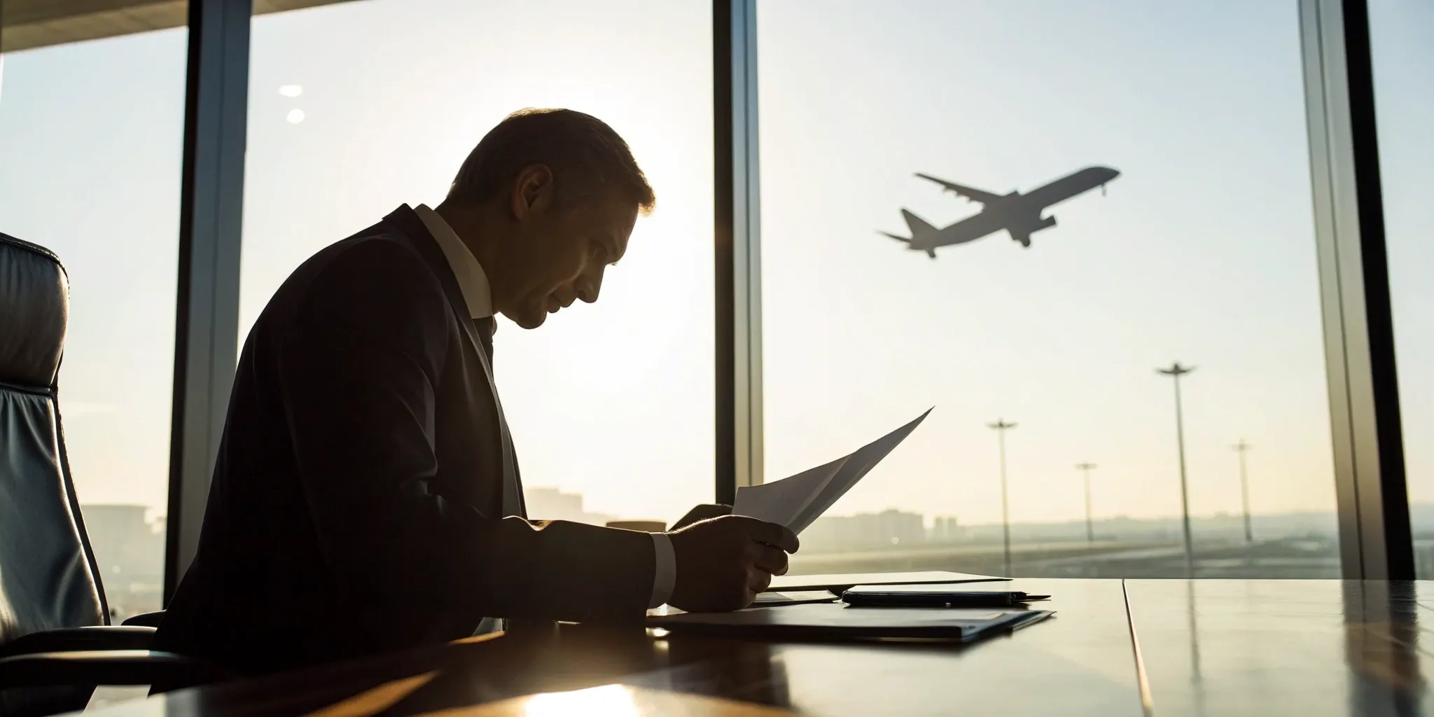 Aviation attorney reviews case files.