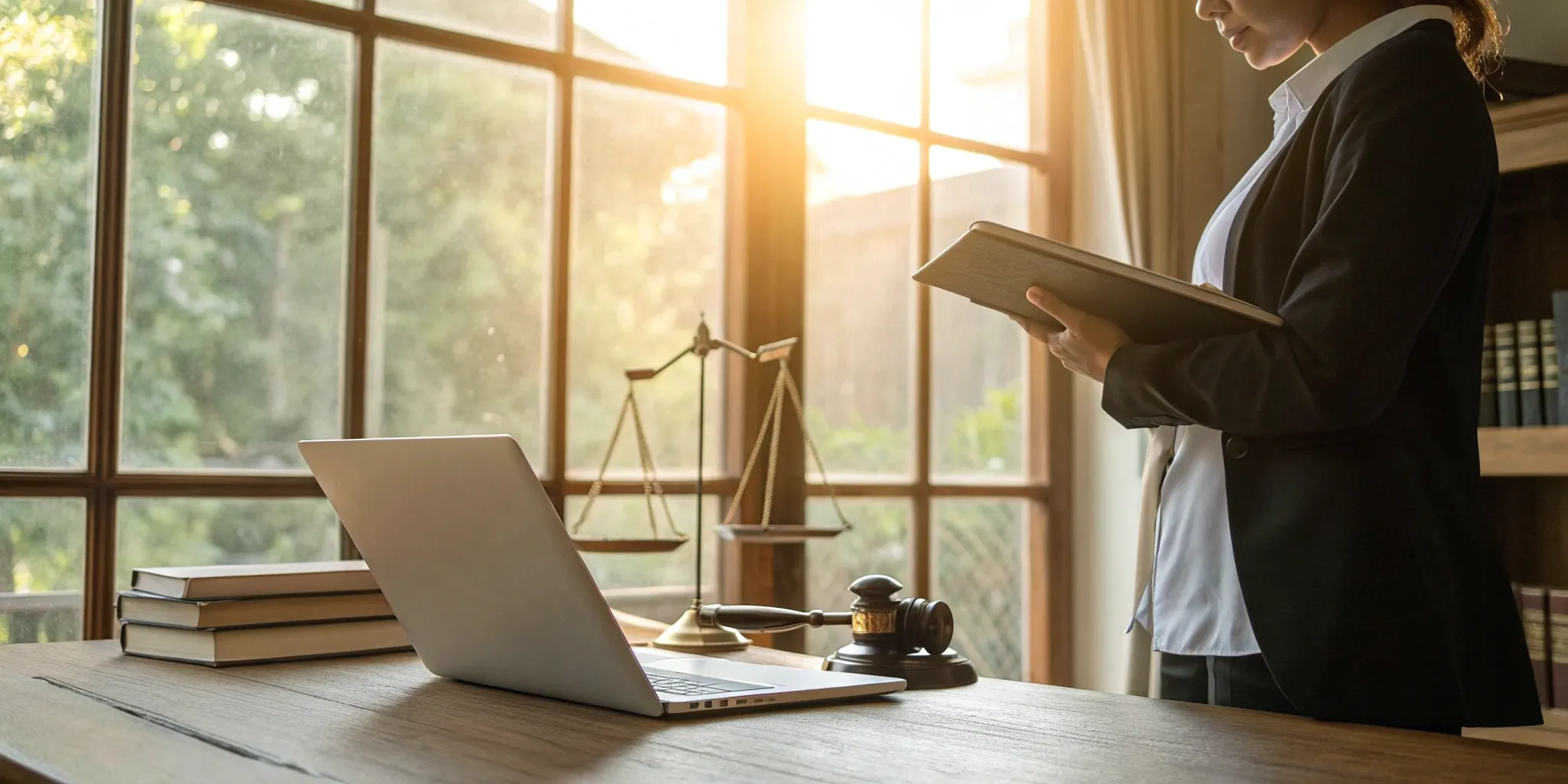 Scales of justice, gavel, law books, and a lawyer with laptop.