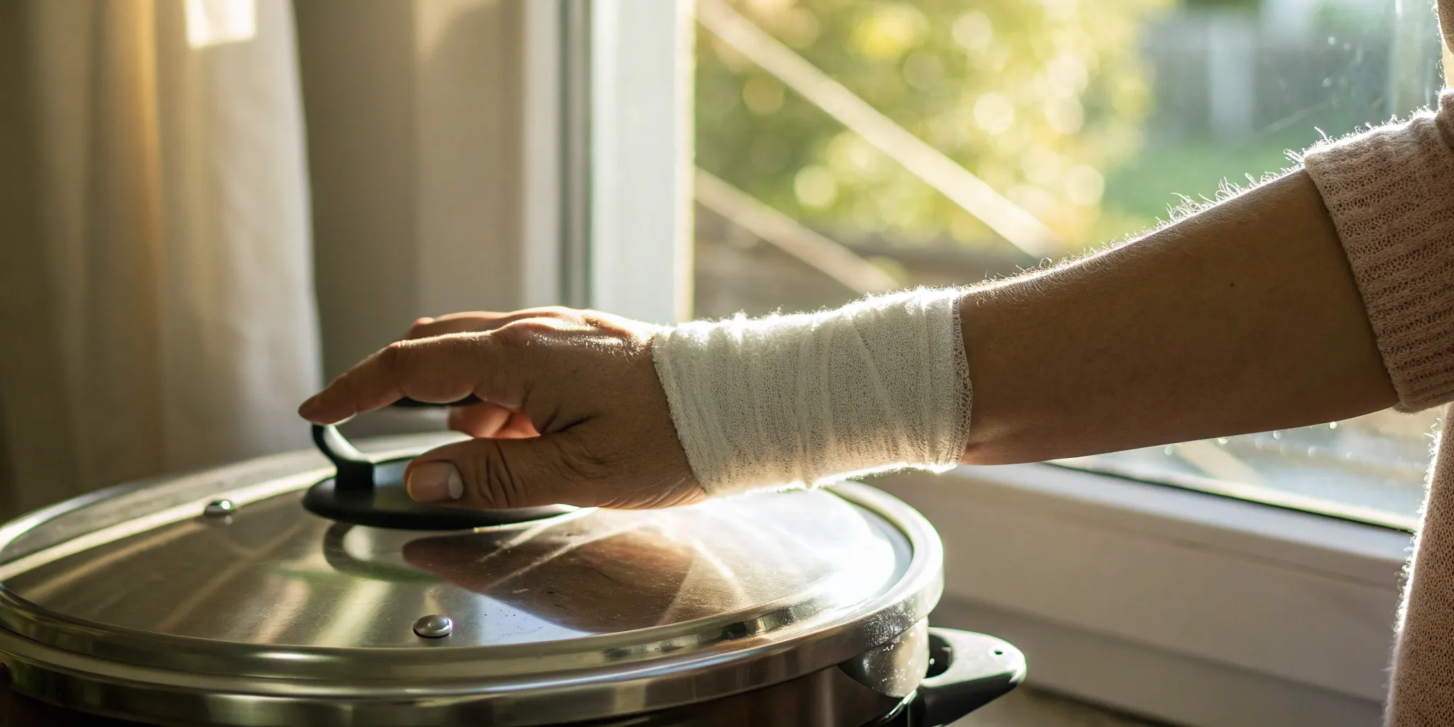 Bandaged hand near a pressure cooker.