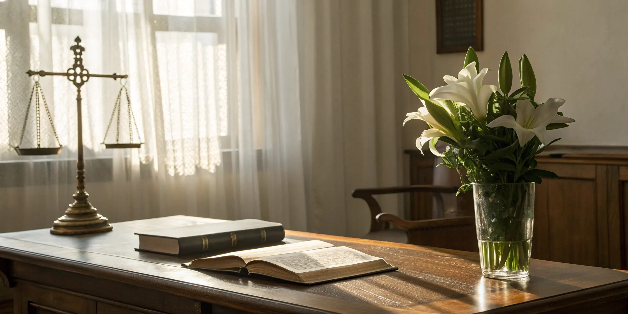 Scales of justice, law books, and flowers on a desk.