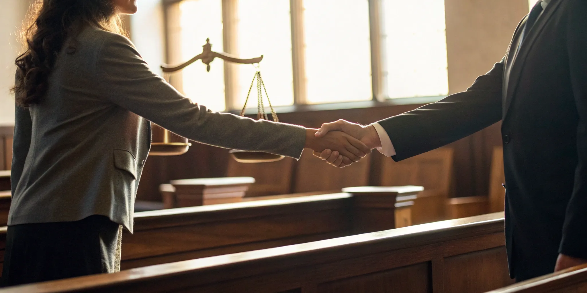 Car accident settlement agreement handshake.