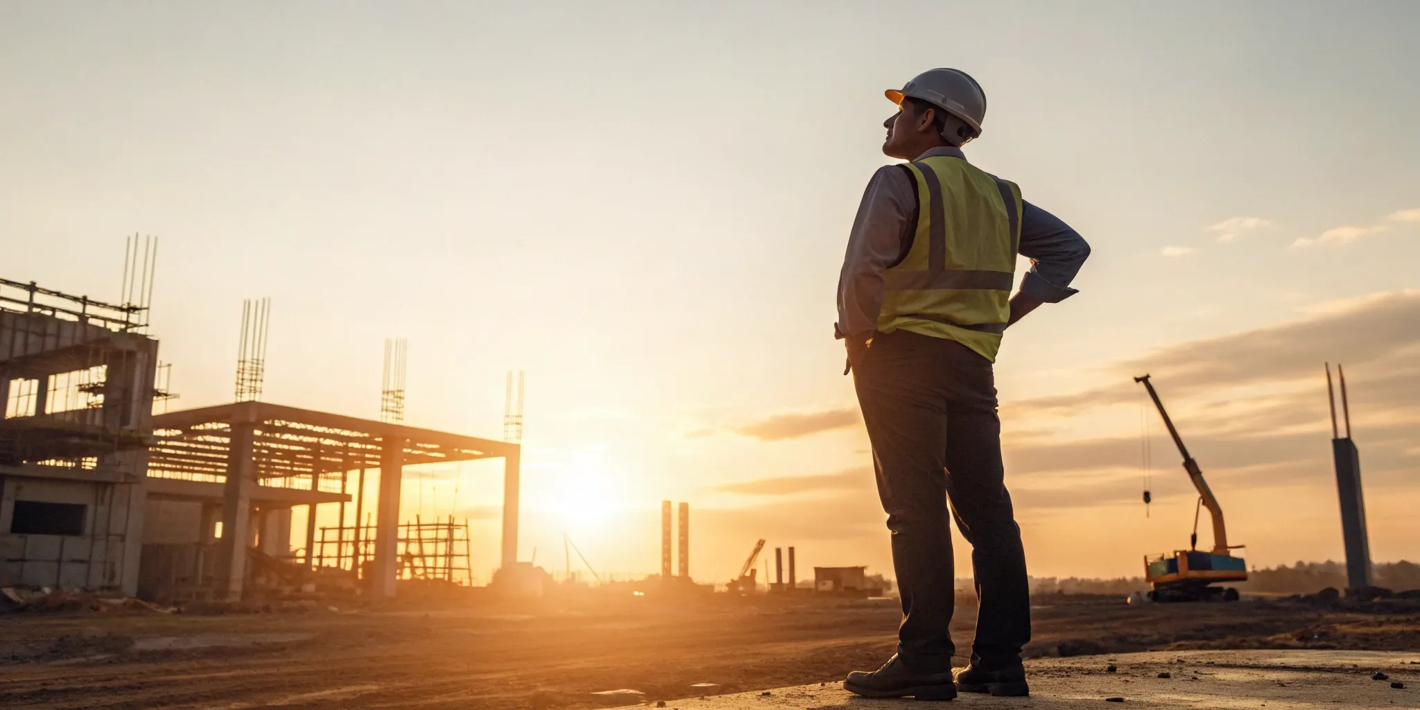 Construction worker in hardhat reviewing a building site.