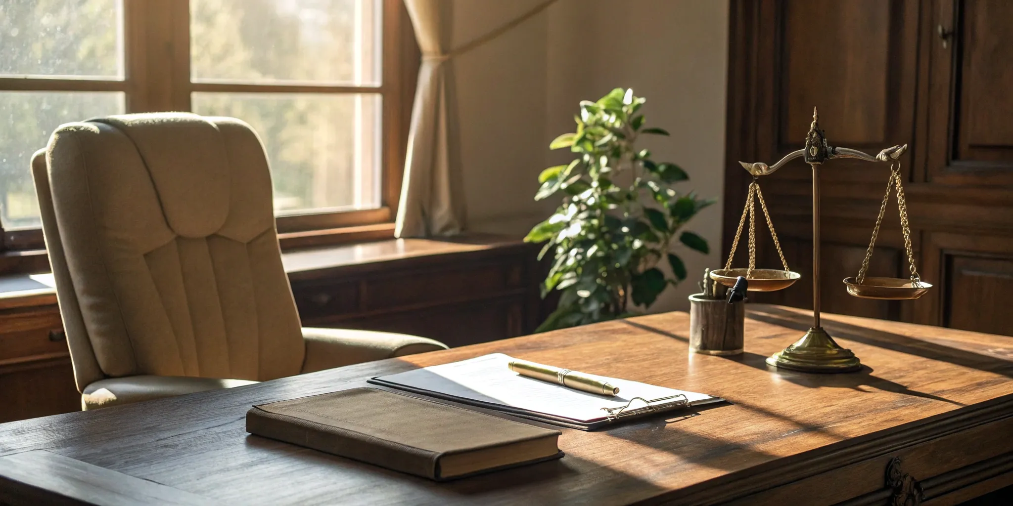 Best truck accident attorney's desk with law book and scales.