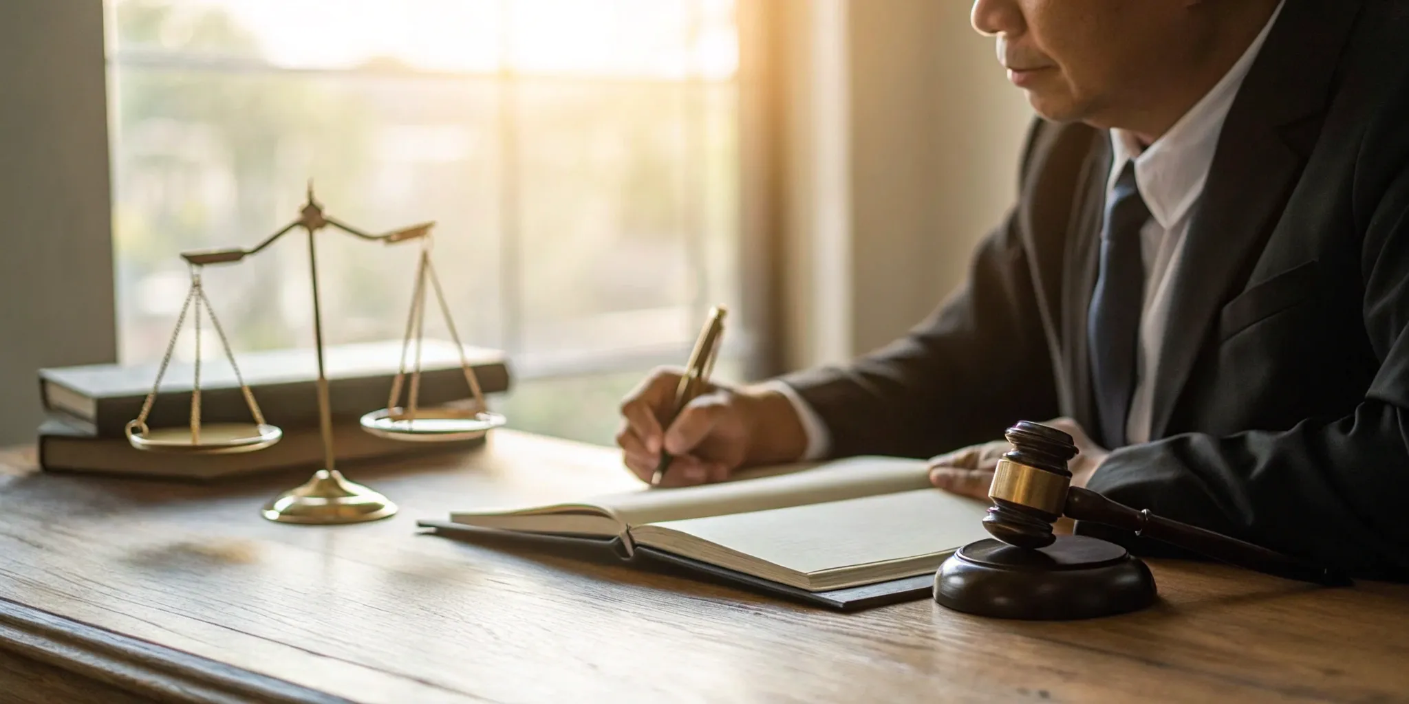A lawyer for accident cases reviews paperwork at a desk with scales of justice.