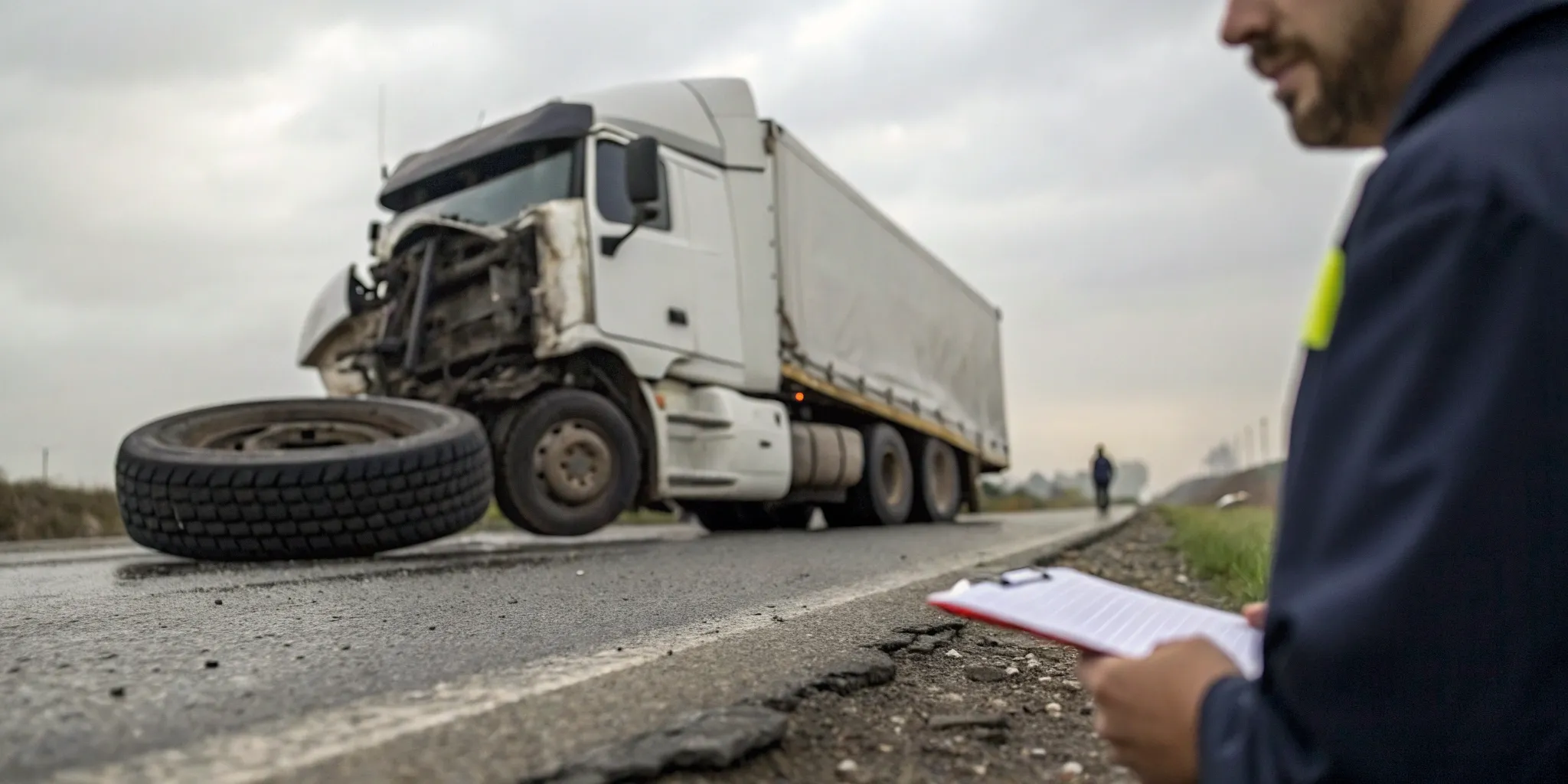 Adjuster inspects a wrecked semi truck to calculate an accident settlement.