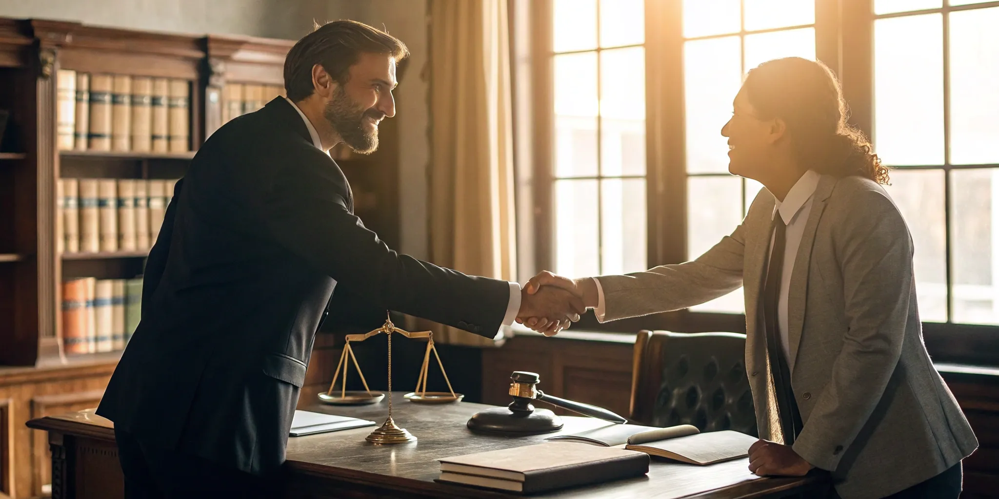 Personal injury attorney and client shaking hands after a successful case settlement.