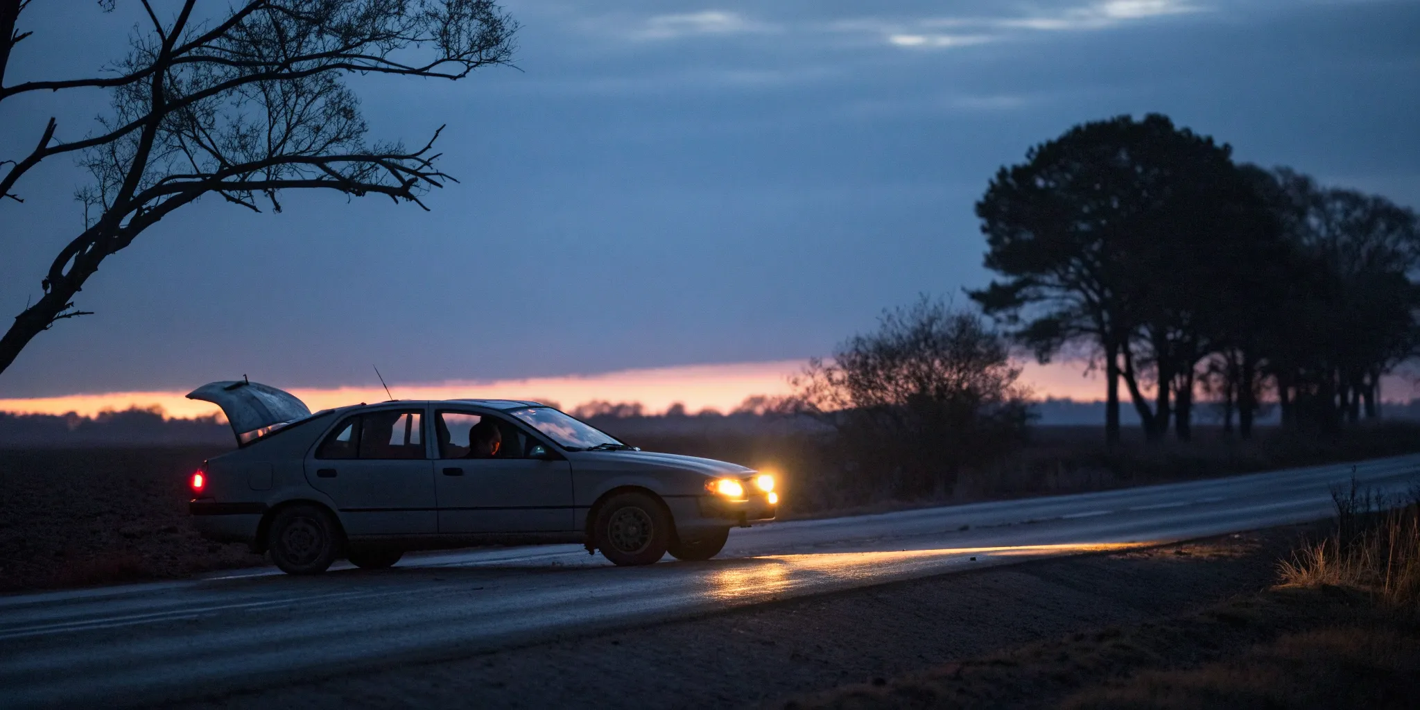 Car stopped on a rural road at dusk, a situation needing uninsured motorist bodily injury coverage.