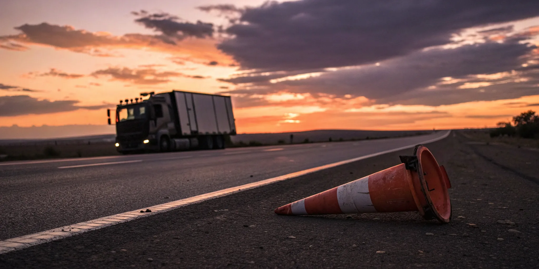 Overturned truck at sunset.