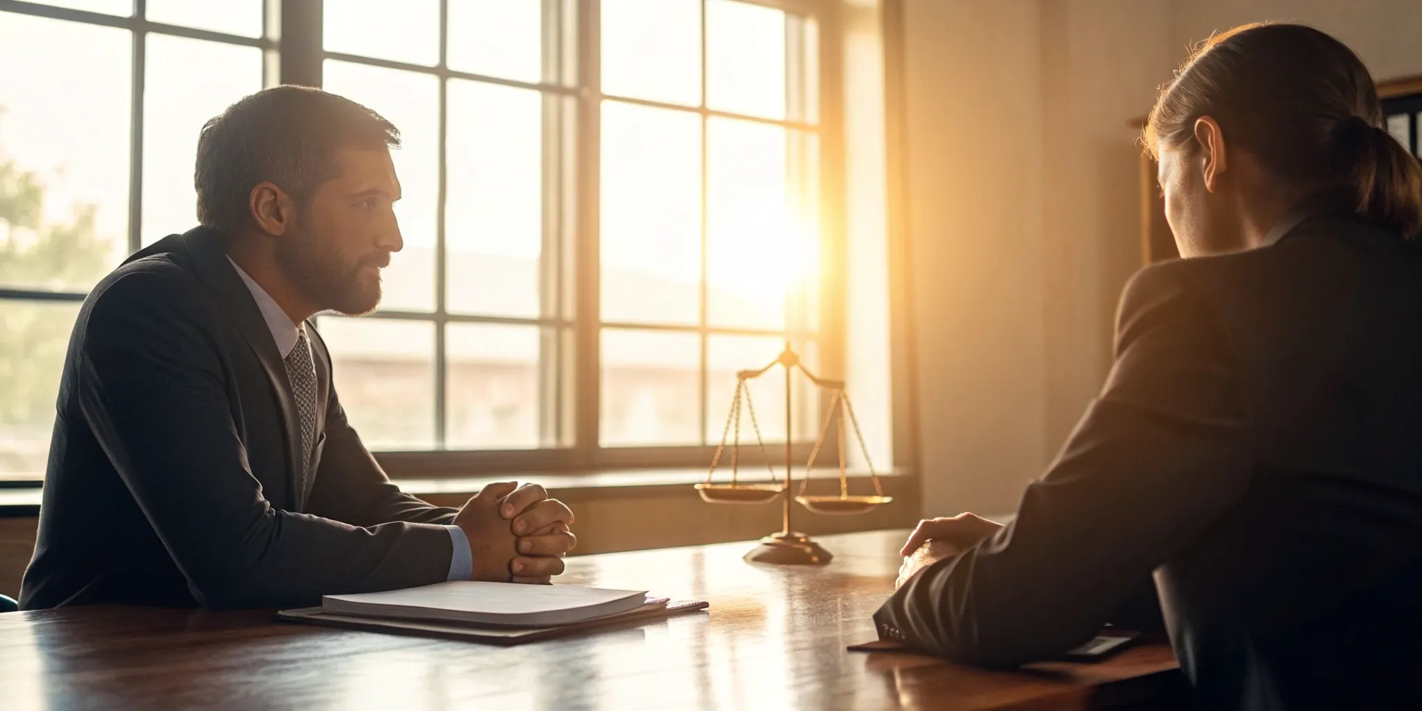 Burn injury lawyers review a case at a desk with legal documents and scales of justice.