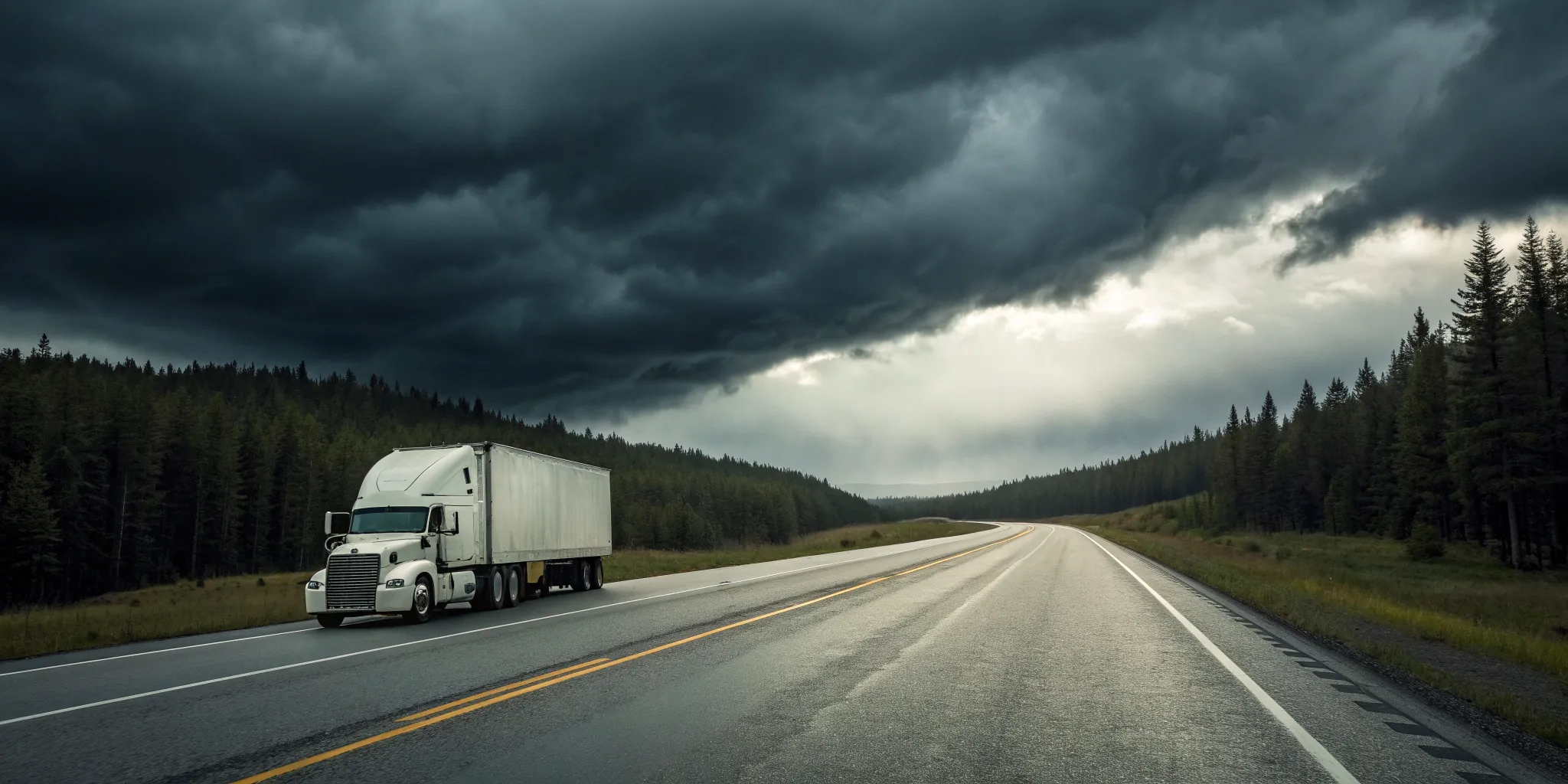 A commercial truck on a stormy highway, a risk that requires a specialized accident lawyer.