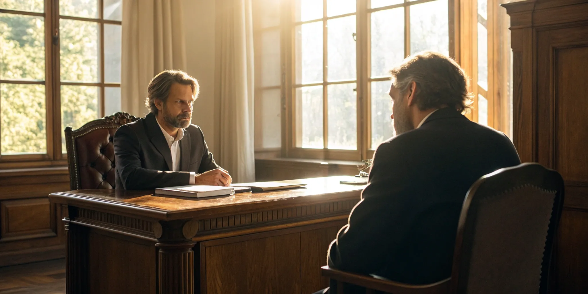 A Birmingham medical malpractice attorney discussing a case with a client in an office.