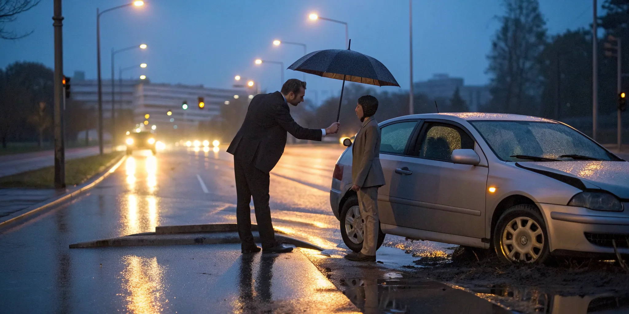 A rideshare accident lawyer helping a person beside a damaged car at night.