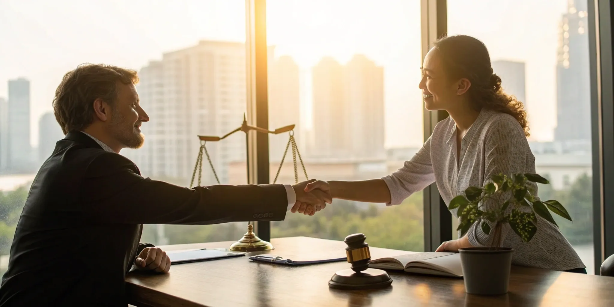 Lawyer and client shake hands to begin a cerebral palsy lawsuit.