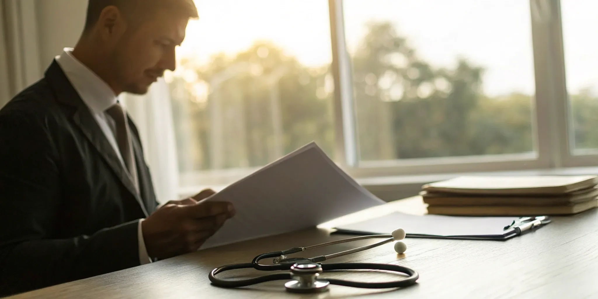 A medical malpractice attorney reviews legal documents with a stethoscope on the desk.