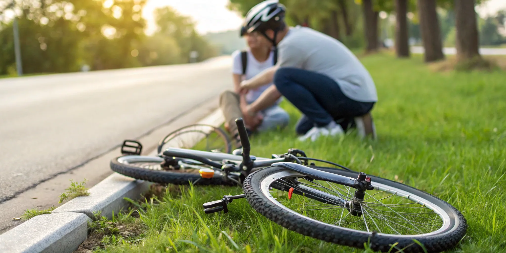 An injured cyclist and their damaged bicycle after a crash in Texas, needing a lawyer.