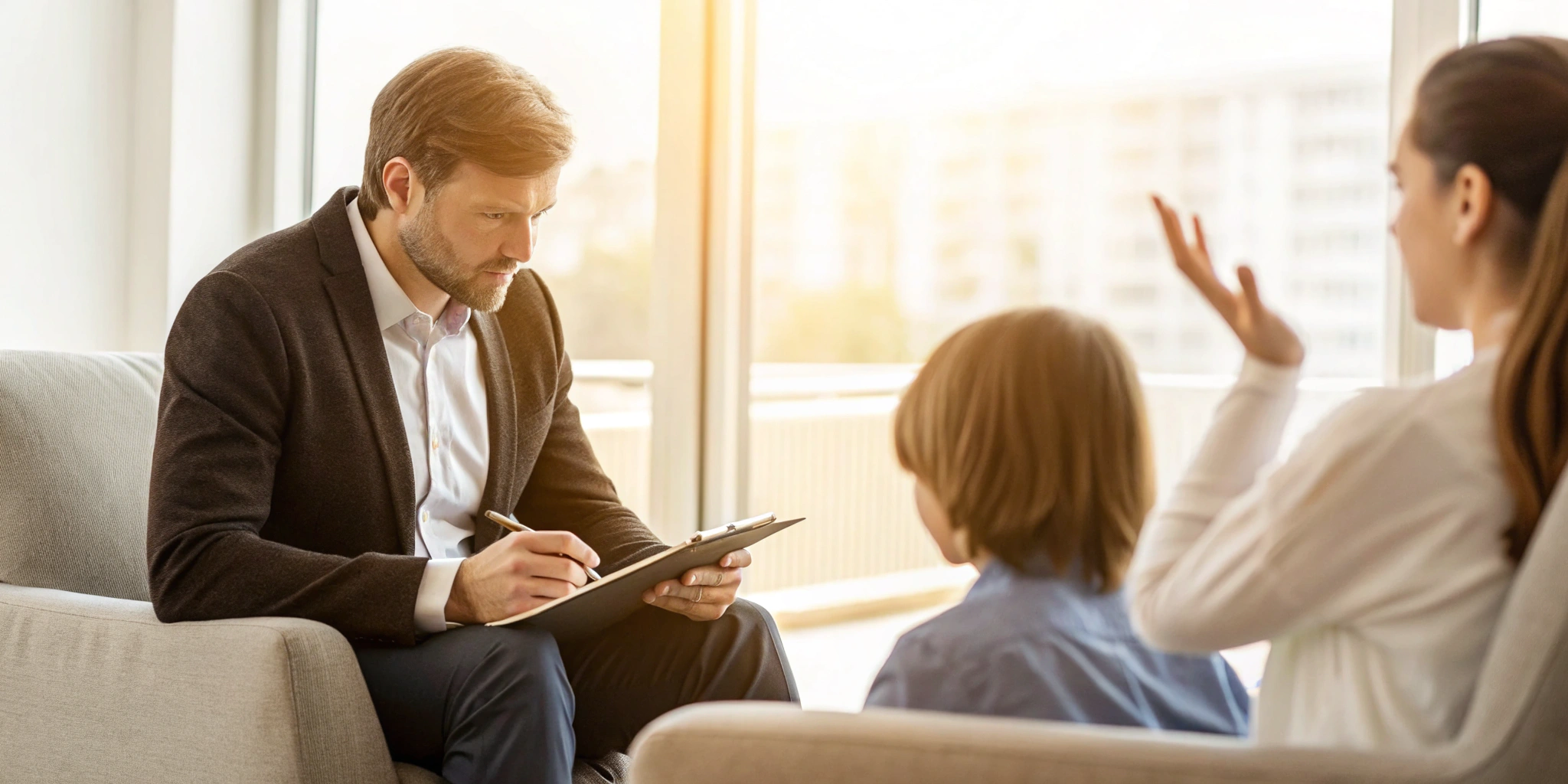 A daycare injury lawyer advises a parent and child about their legal case.