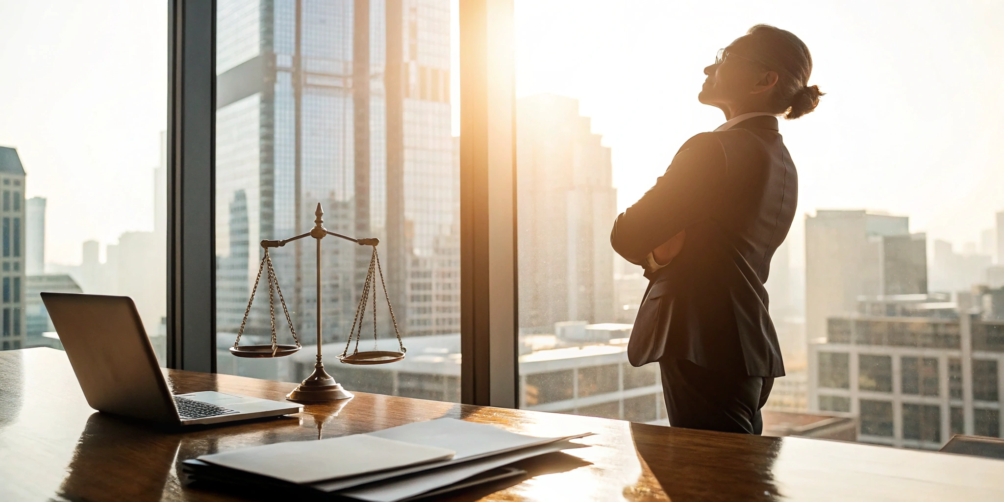 A distracted driving accident lawyer in an office with scales of justice.