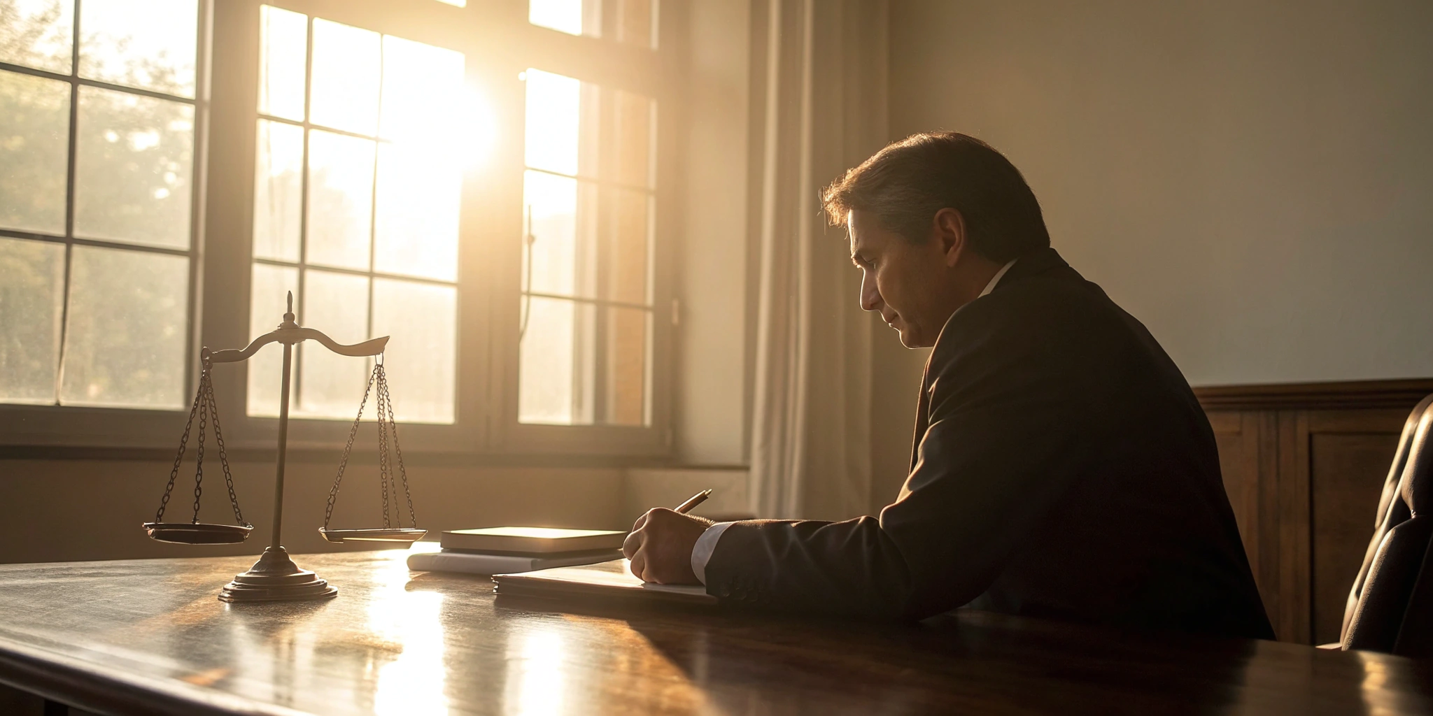 Elevator accident lawyer reviewing a claim at a desk with scales of justice.
