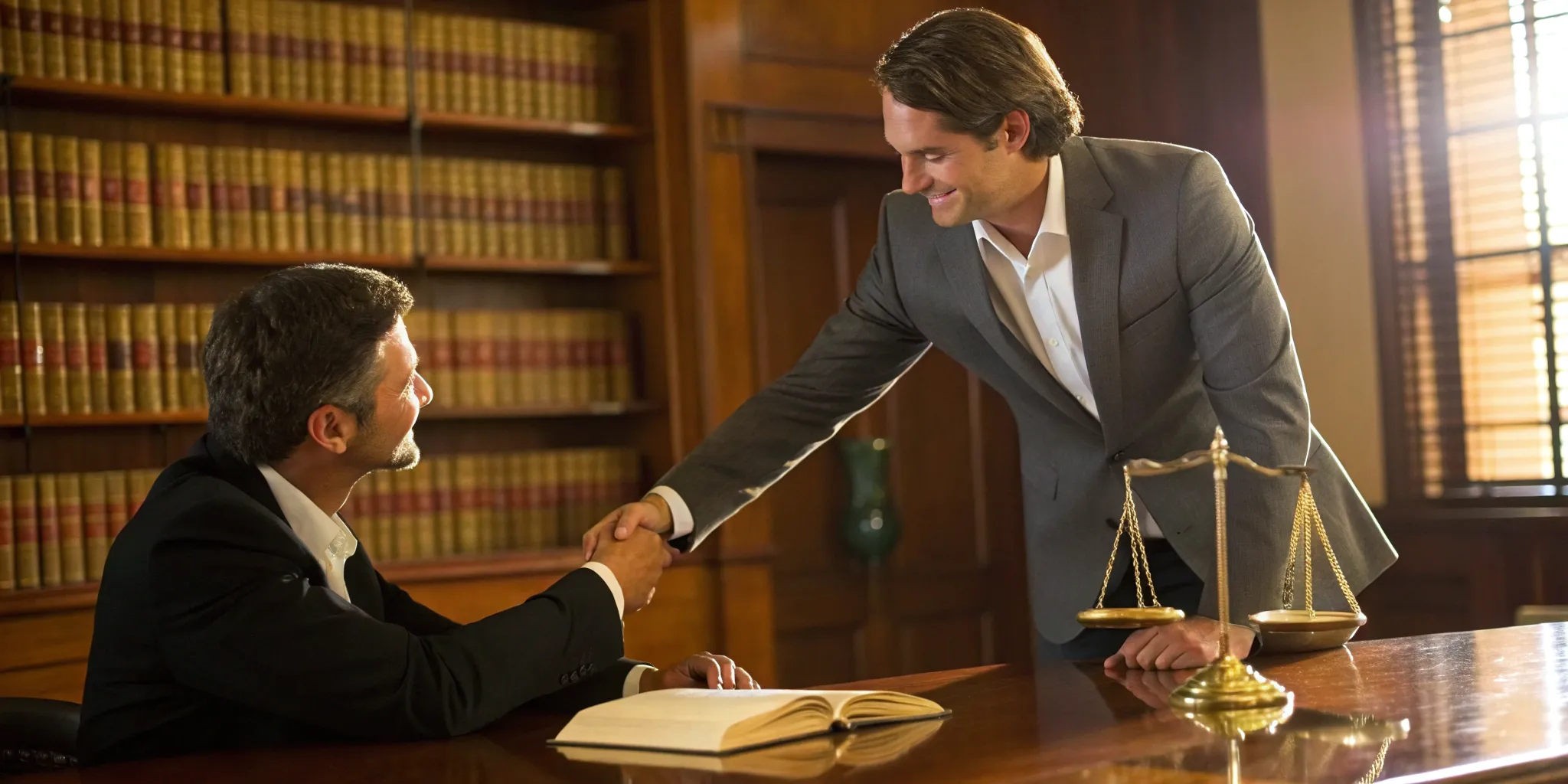 A client shaking hands with a medical malpractice lawyer after a consultation.