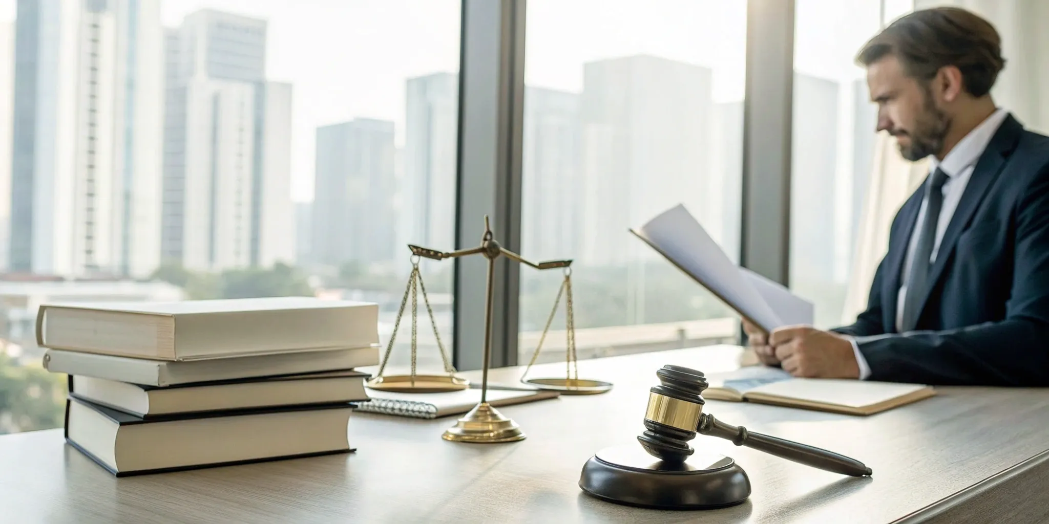 Auto accident attorney at a desk with legal books and scales of justice.