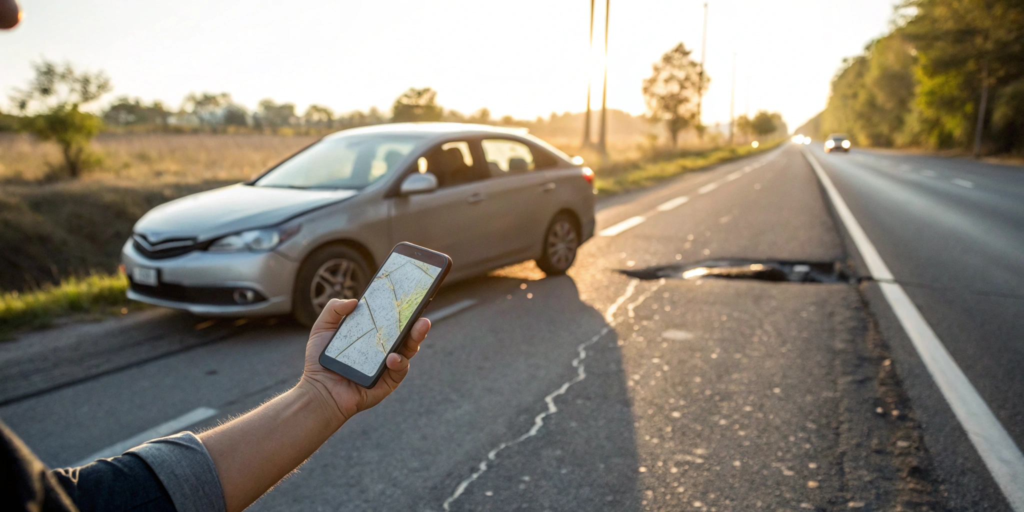 Driver on the phone next to a wrecked car, looking for a car crash lawyer.