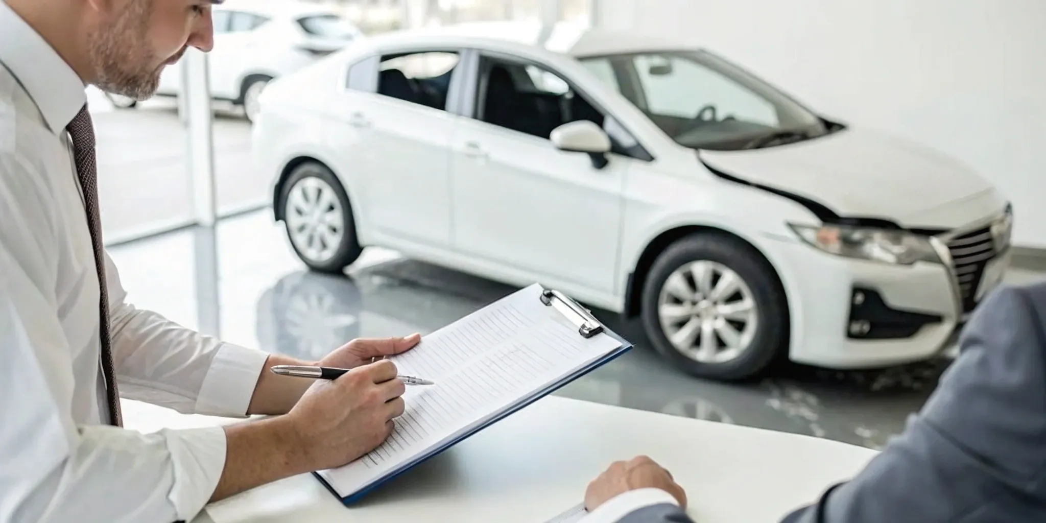 Insurance adjuster calculating an average car accident settlement for a damaged vehicle.