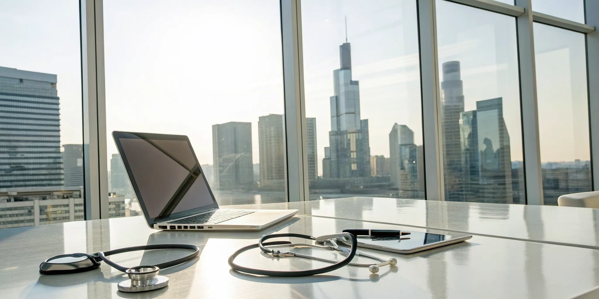 A desk with a laptop and stethoscope for medical device regulatory consulting services.