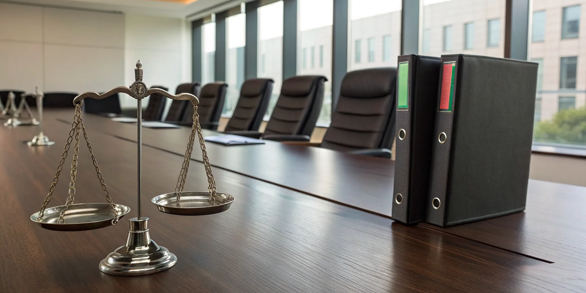 A fatal car accident lawyer's conference table with scales of justice.