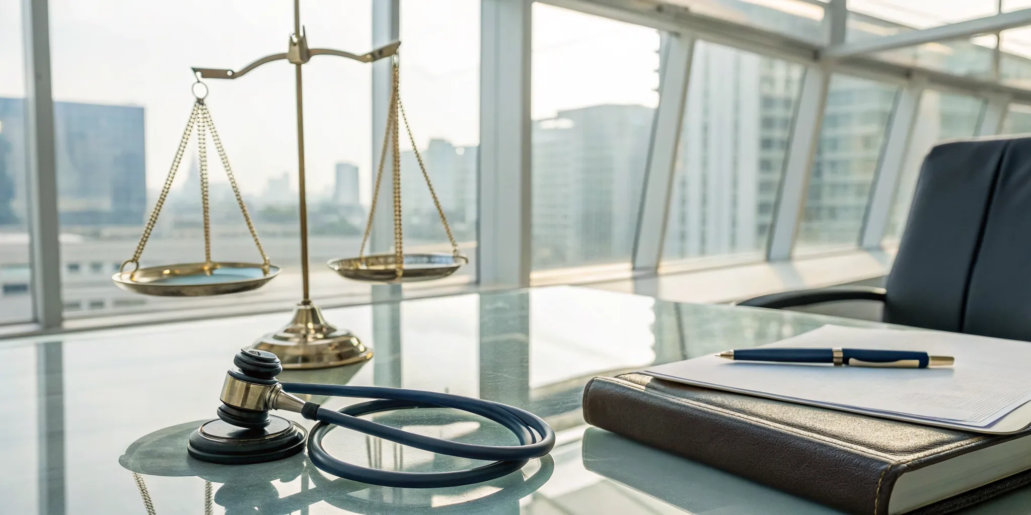 A misdiagnosis lawyer's desk with a gavel, stethoscope, and scales of justice.