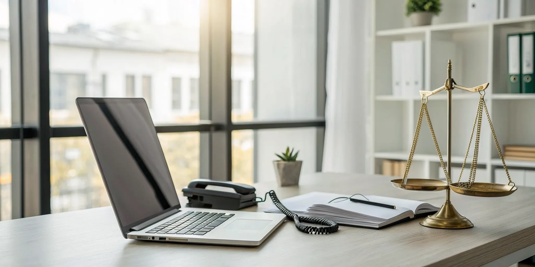Desk of a top rated injury lawyer with scales of justice and legal documents.