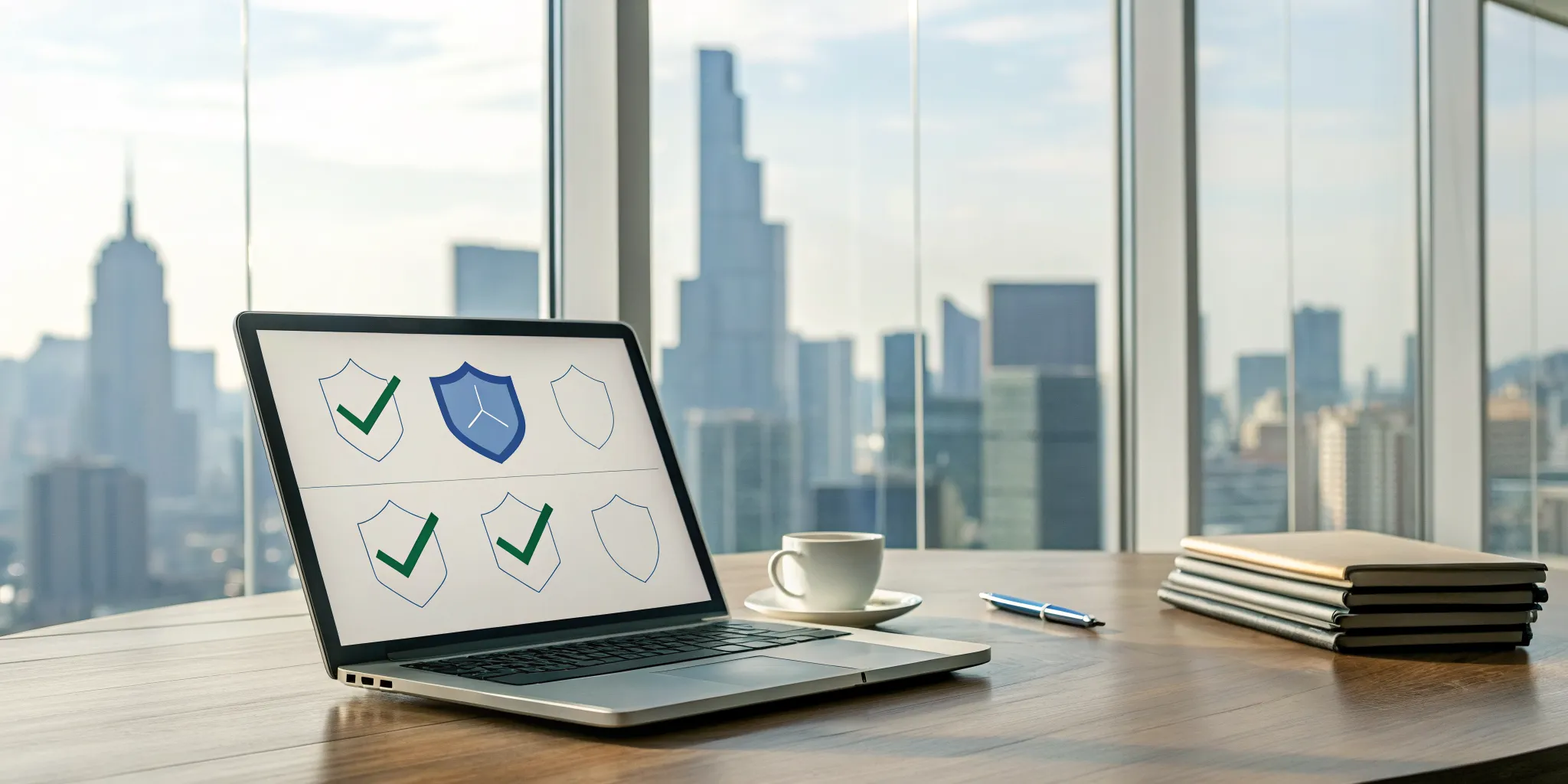Laptop with compliance checkmarks and shields for a regulatory consulting case after an injury.