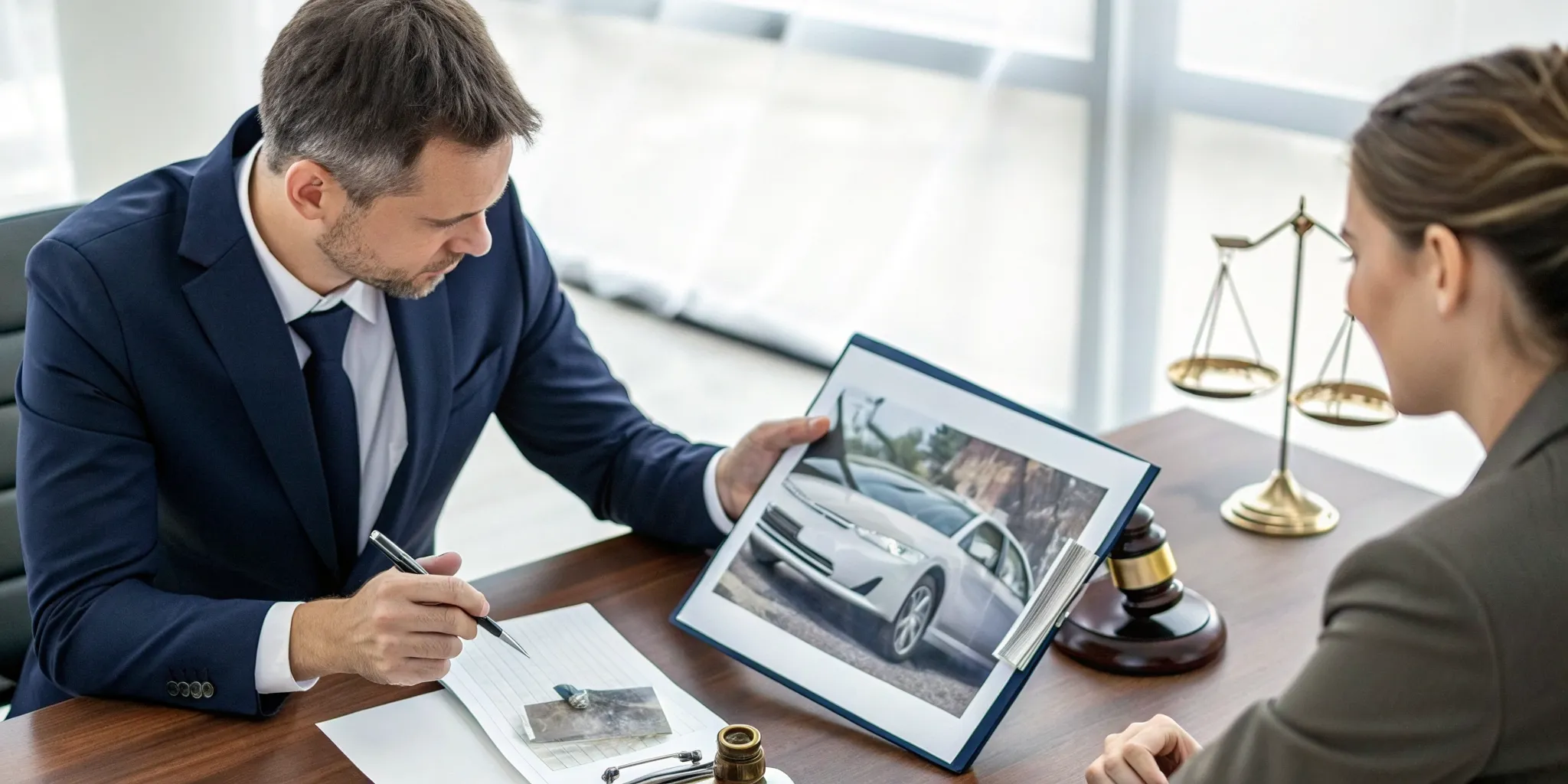 Attorney helps a client with their car wreck case by reviewing accident photos.