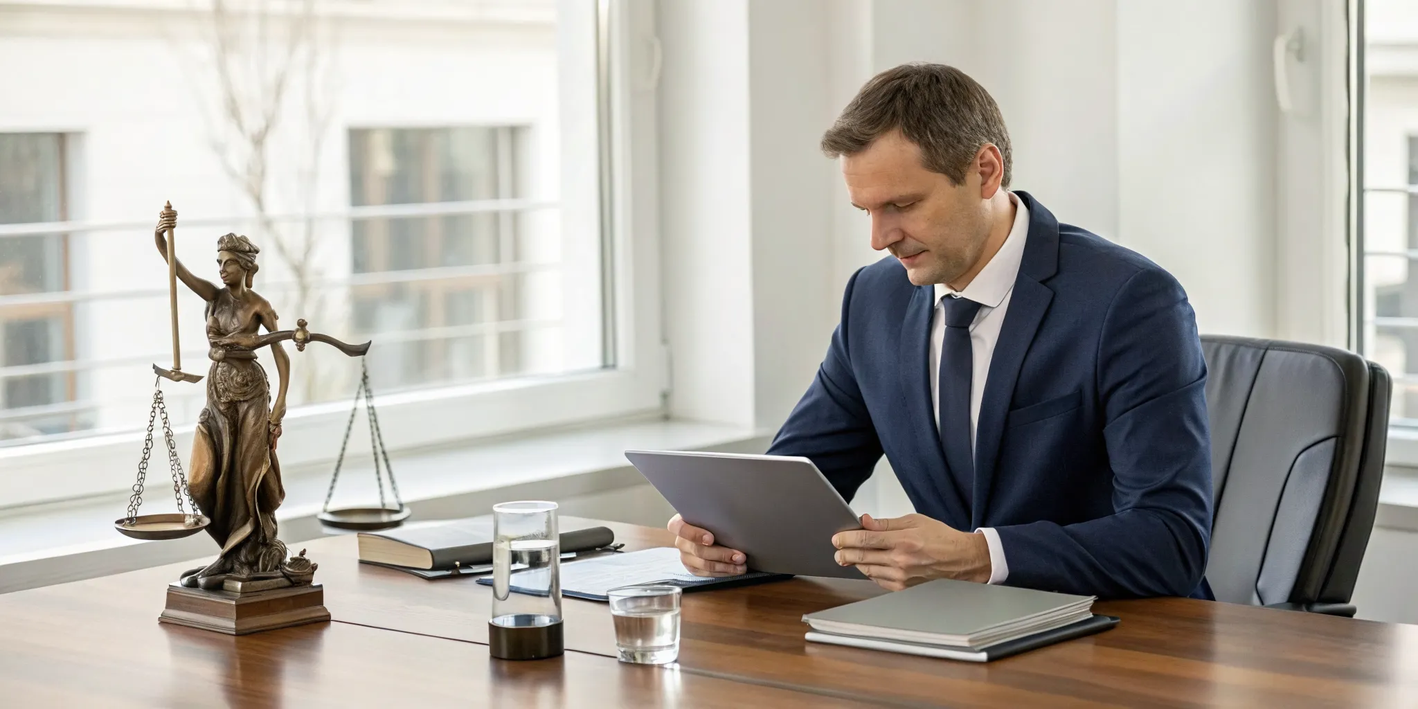 Delivery truck accident lawyer with a Lady Justice statue, reviewing a client's case.
