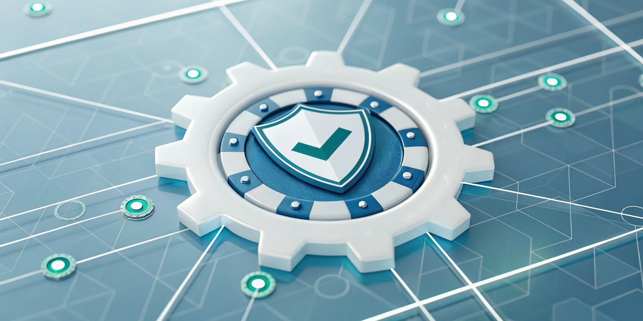 A quality management system icon with a gear, shield, and checkmark for safety and compliance.