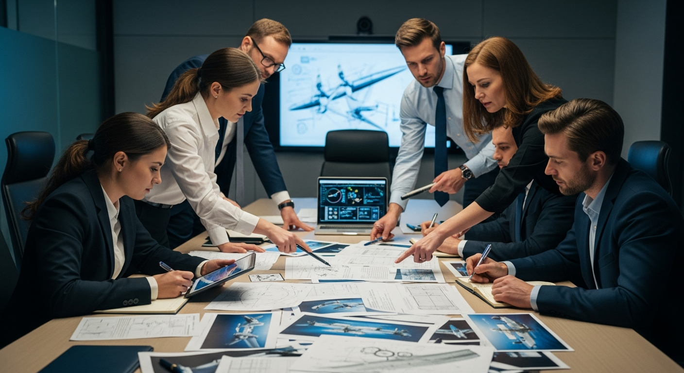 Aviation accident investigation team reviewing technical blueprints and engineering documents