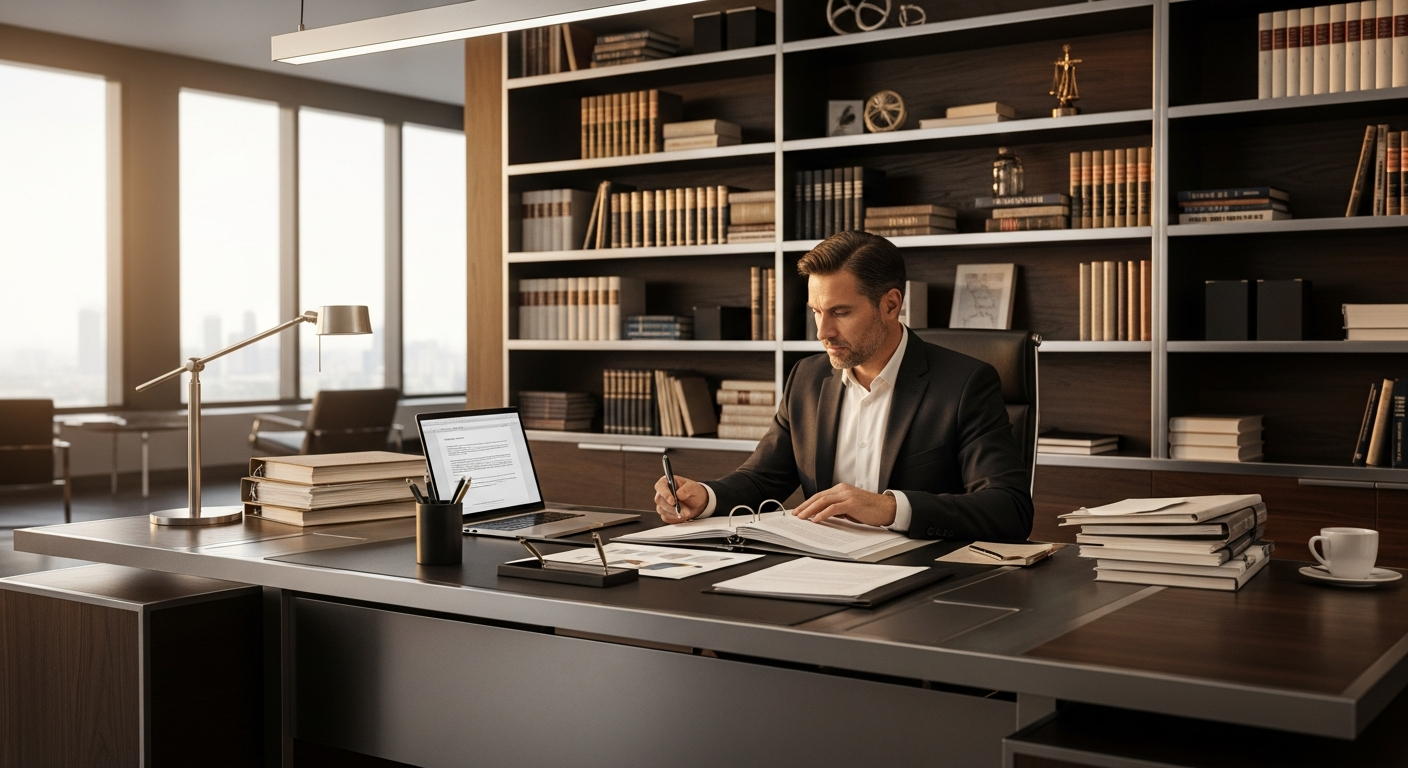 Aviation accident attorney in a modern law office preparing a legal case for a client