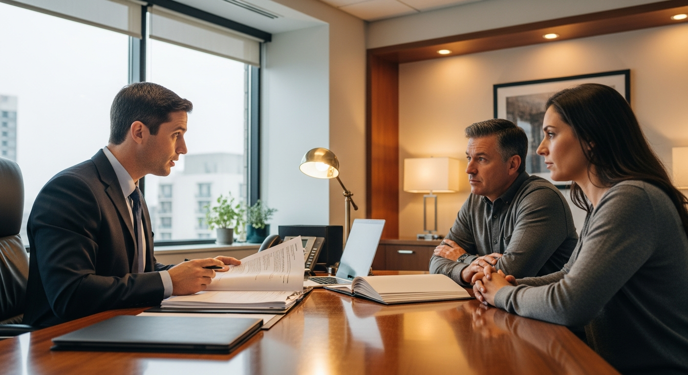 Catastrophic injury lawyer consulting with client and family member about their case