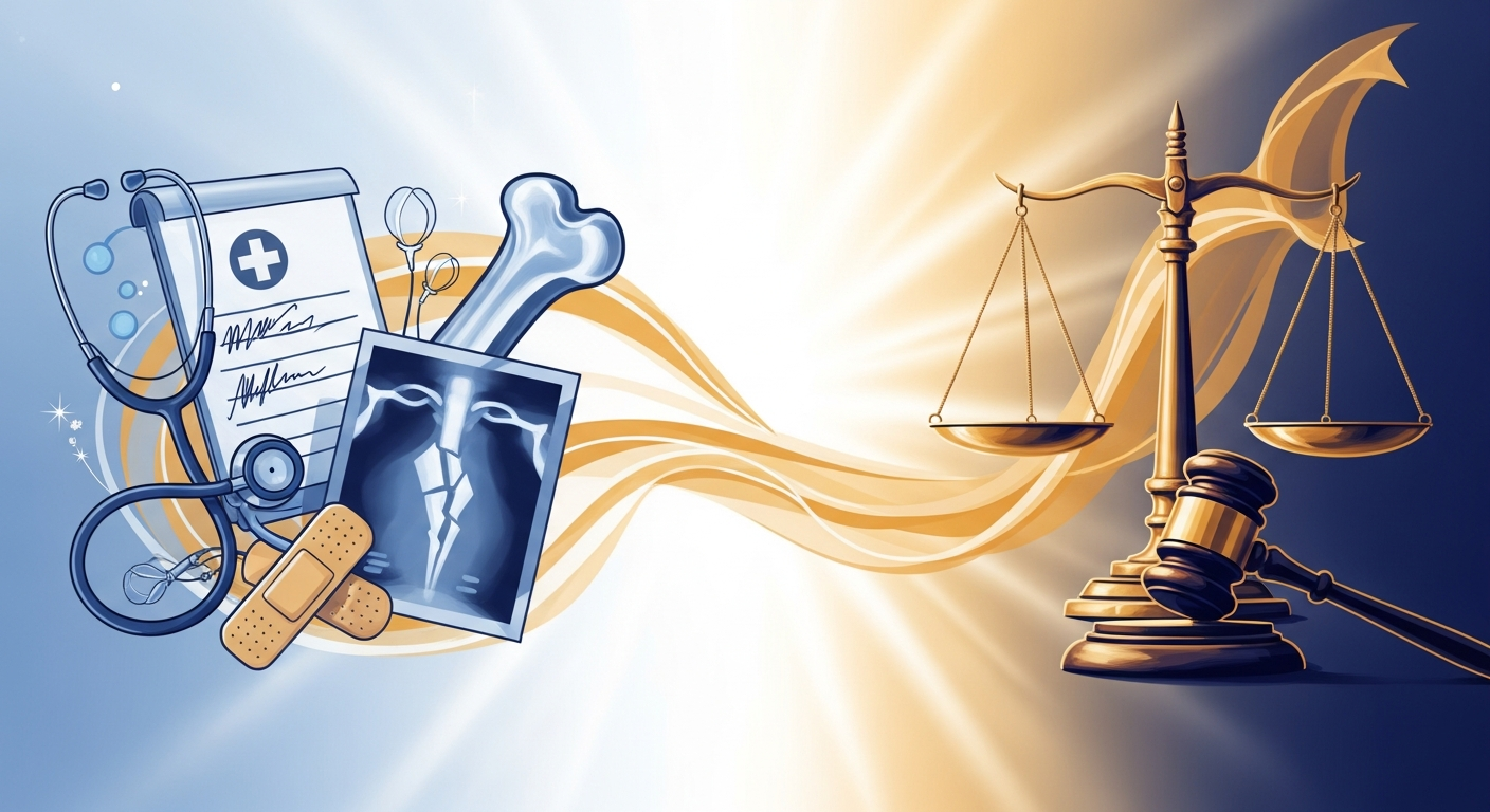 Medical recovery and legal justice concept showing the path from catastrophic injury to compensation