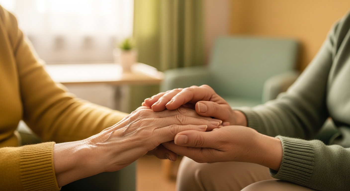 Family member holding elderly loved ones hand during nursing home visit - nursing home abuse signs