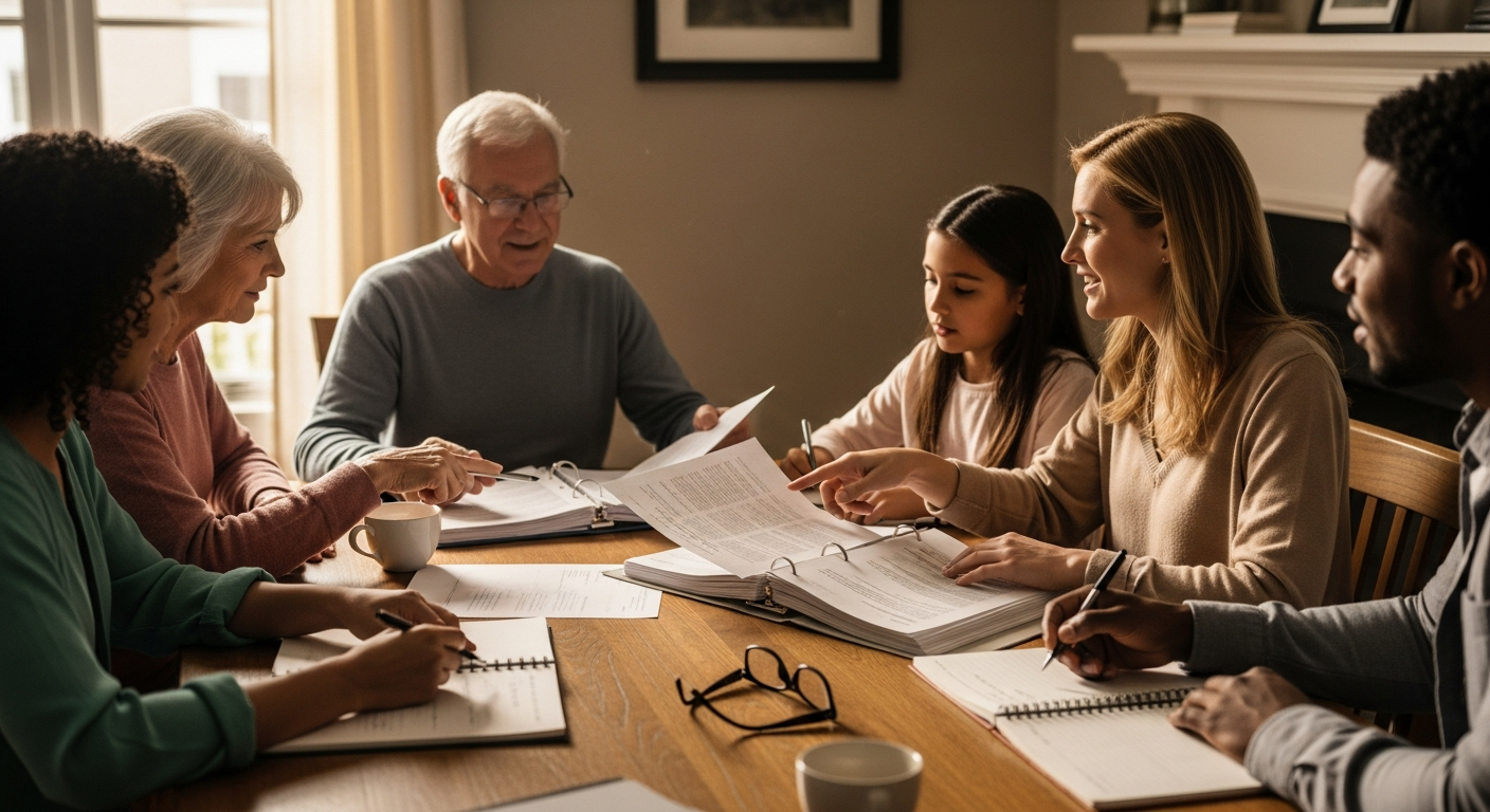 Family reviewing medical documents to document nursing home abuse evidence
