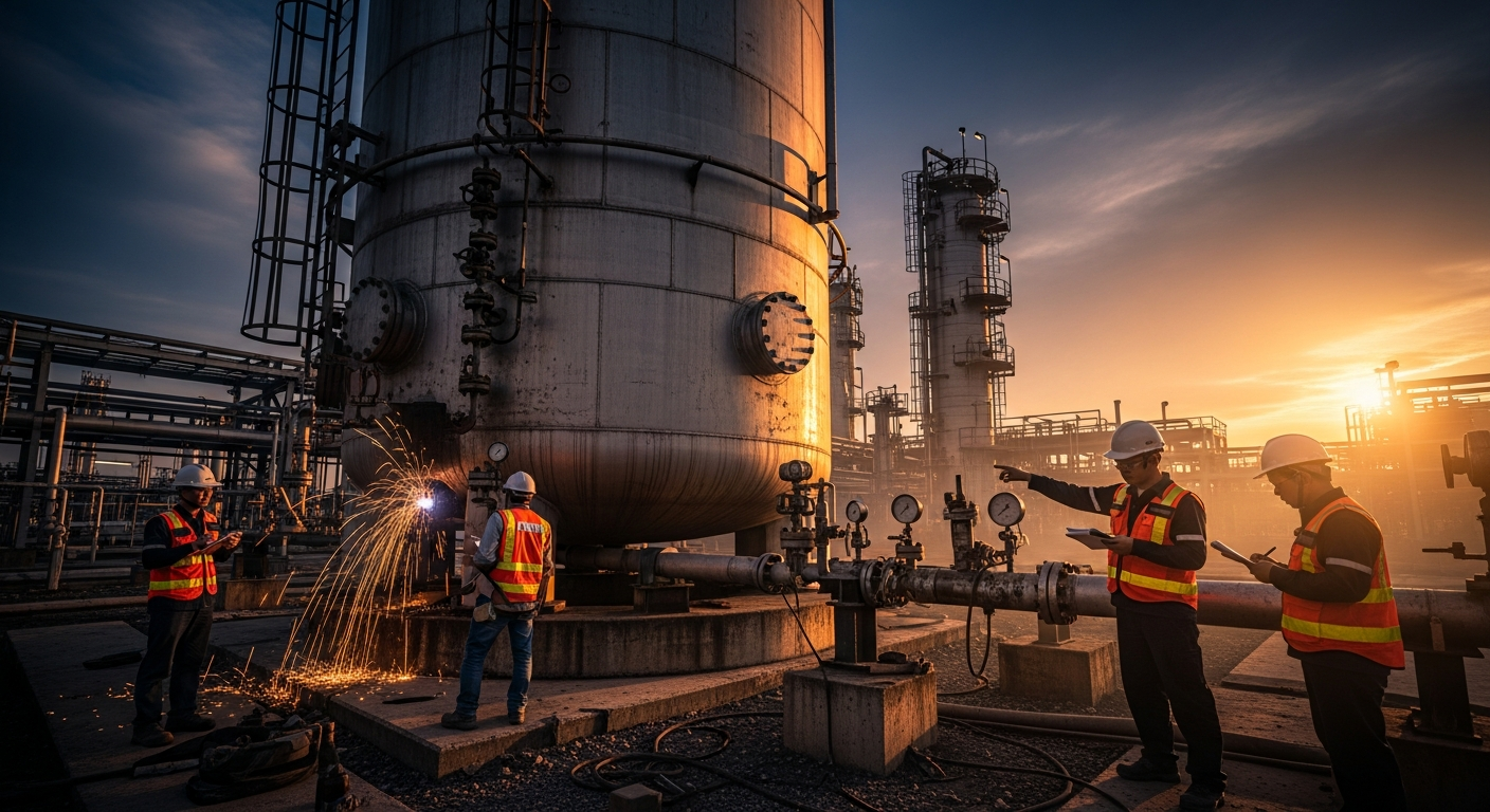 Industrial pressure vessel being inspected by safety workers at a petrochemical refinery