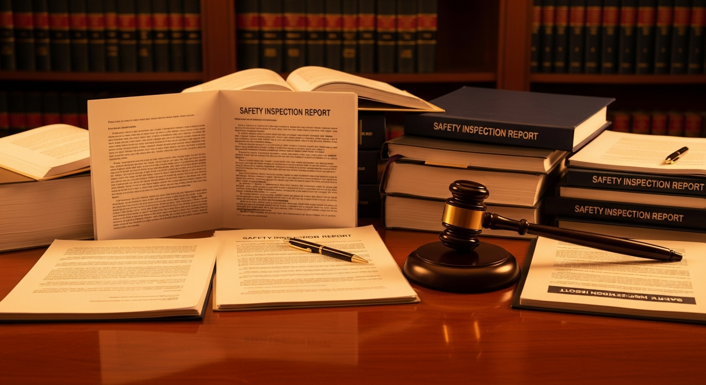 Legal documents and safety inspection reports for a pressure vessel injury case on a lawyer desk