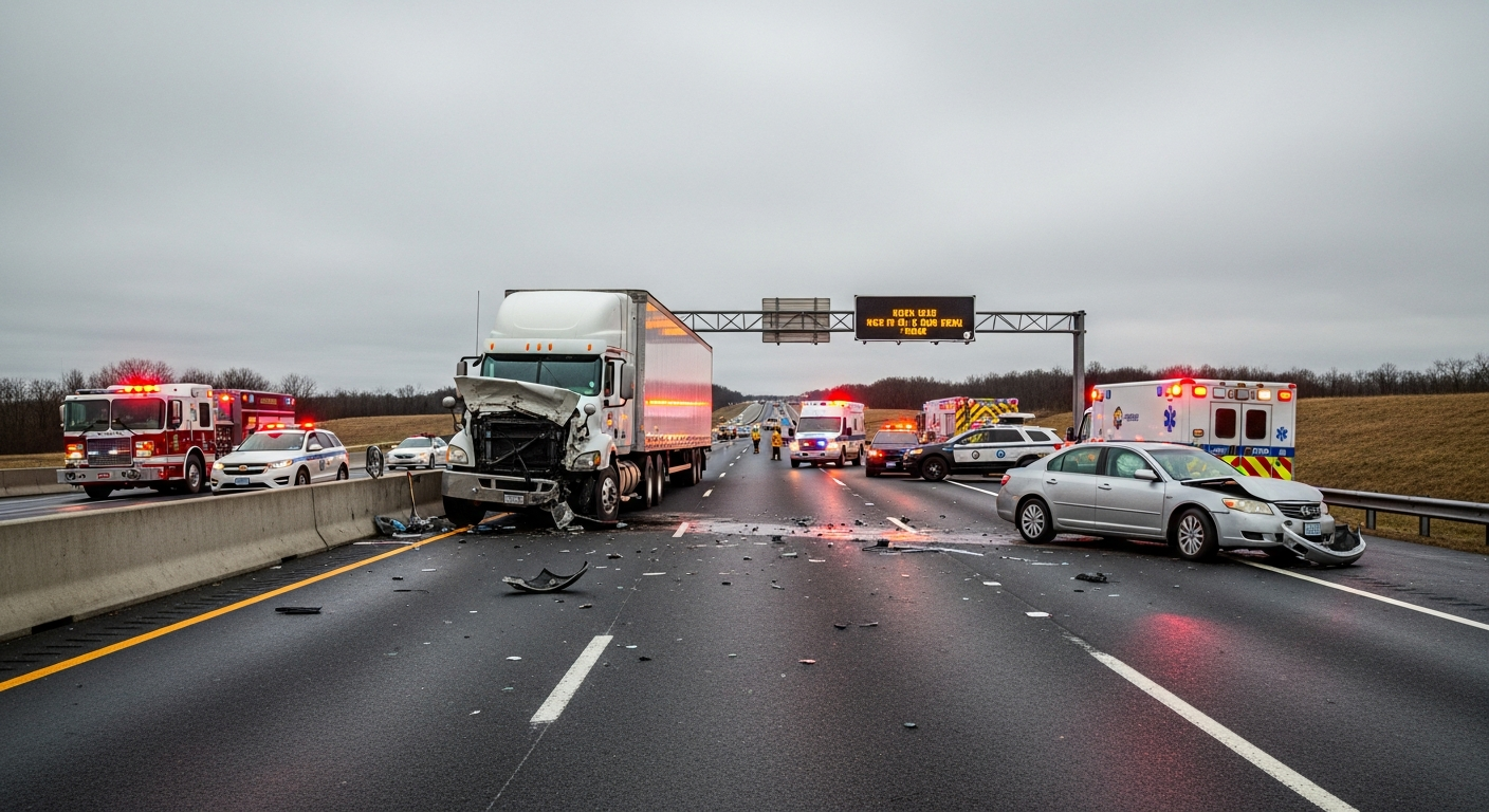 Aftermath of a truck accident on a highway with emergency responders and a damaged vehicle