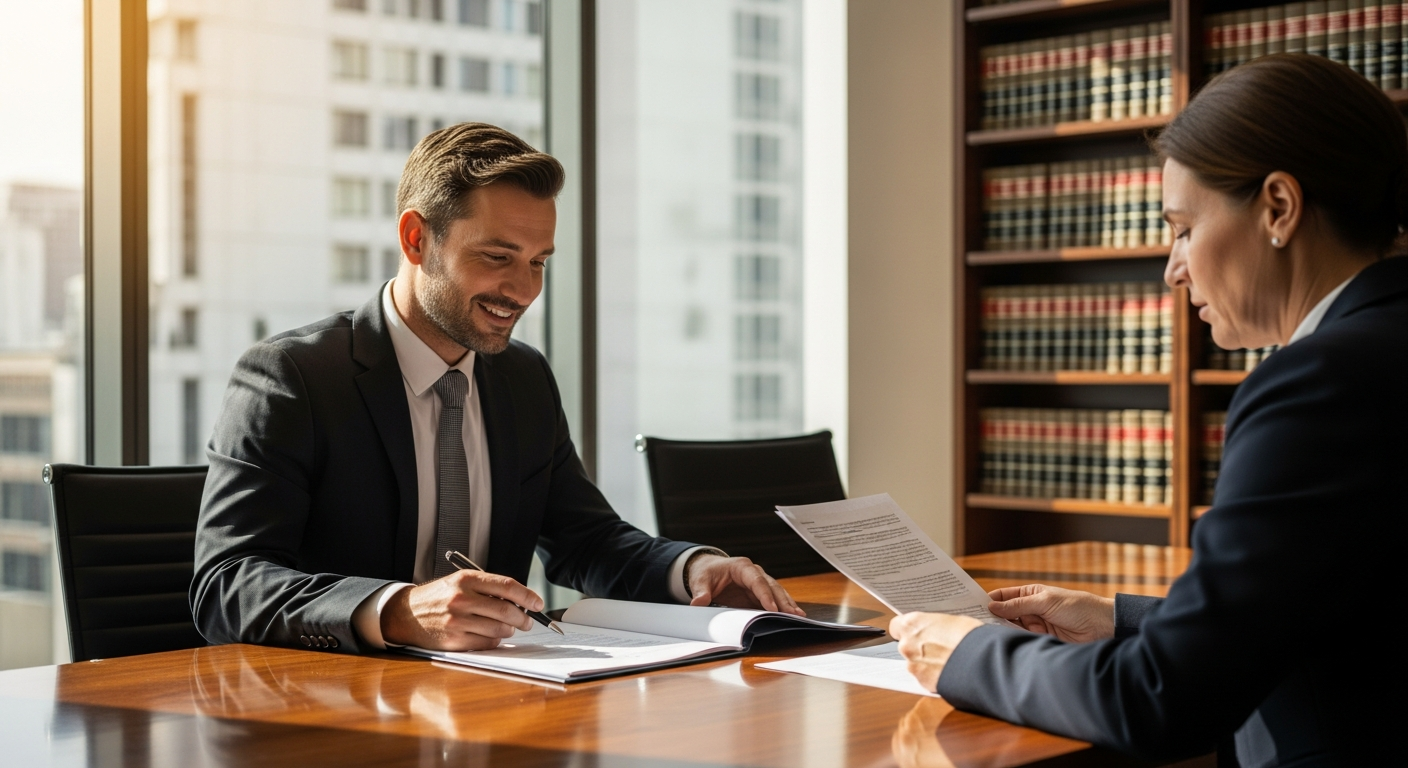 Truck accident injury lawyer reviewing case documents with a client during a legal consultation