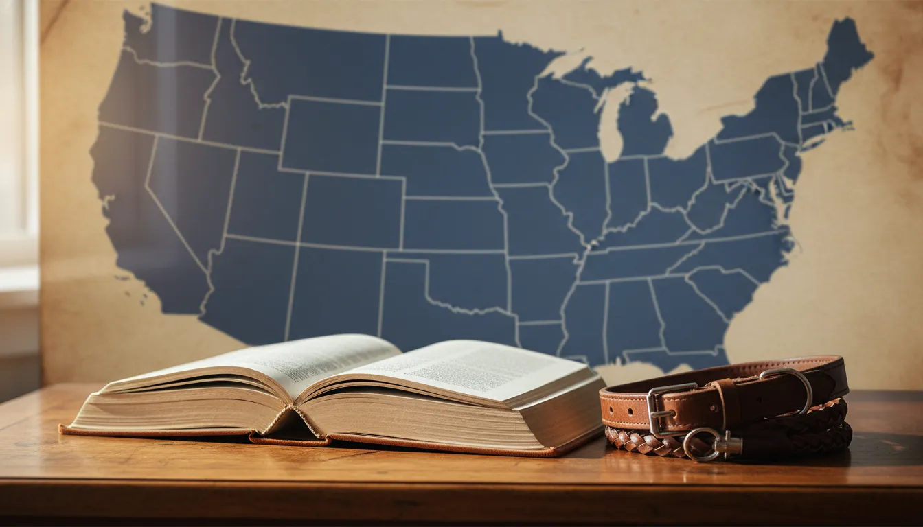 Open law book and dog collar representing dog bite laws by state