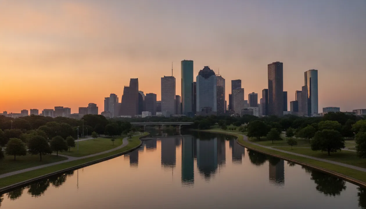 Houston skyline and Buffalo Bayou at sunrise
