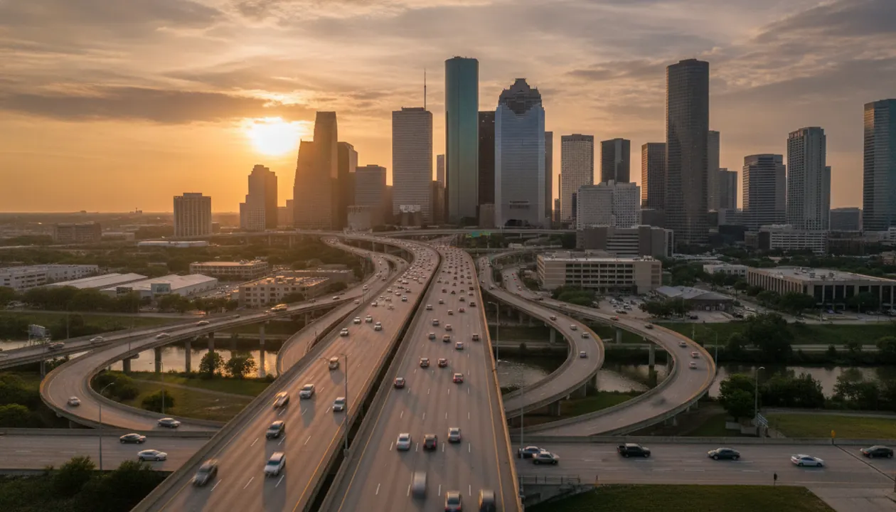 Houston freeway and downtown infrastructure at golden hour