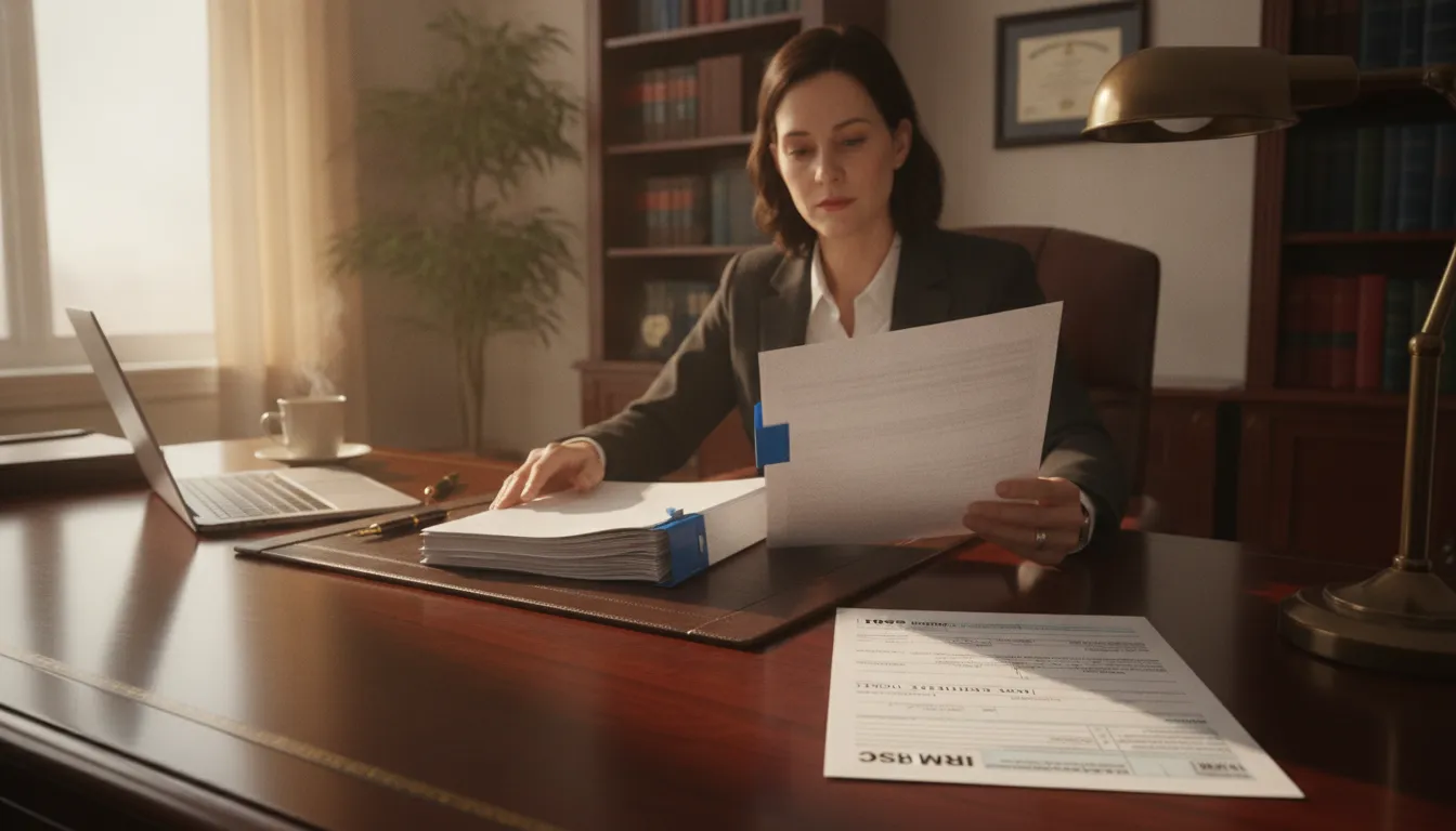 Person reviewing legal settlement documents and tax forms at a professional desk