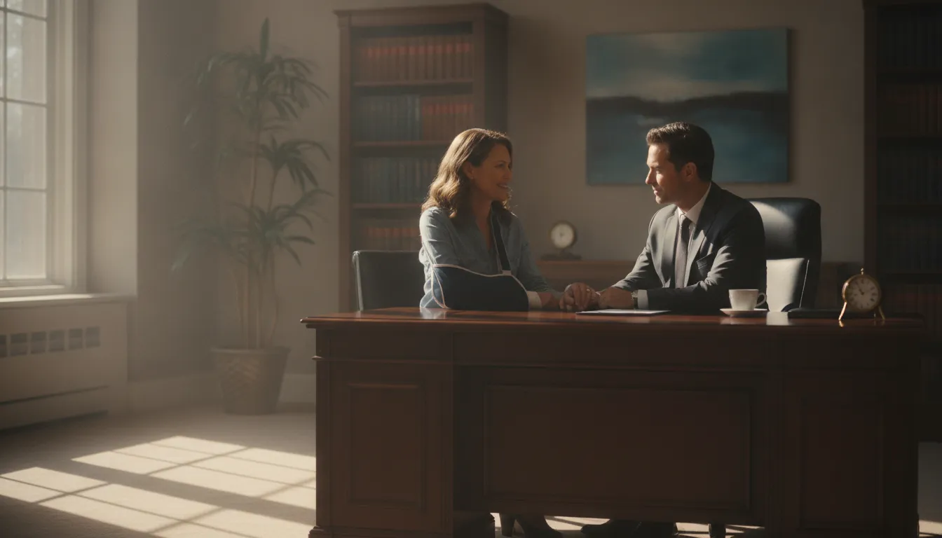 Personal injury victim consulting with a legal professional in a warm, natural-lit office
